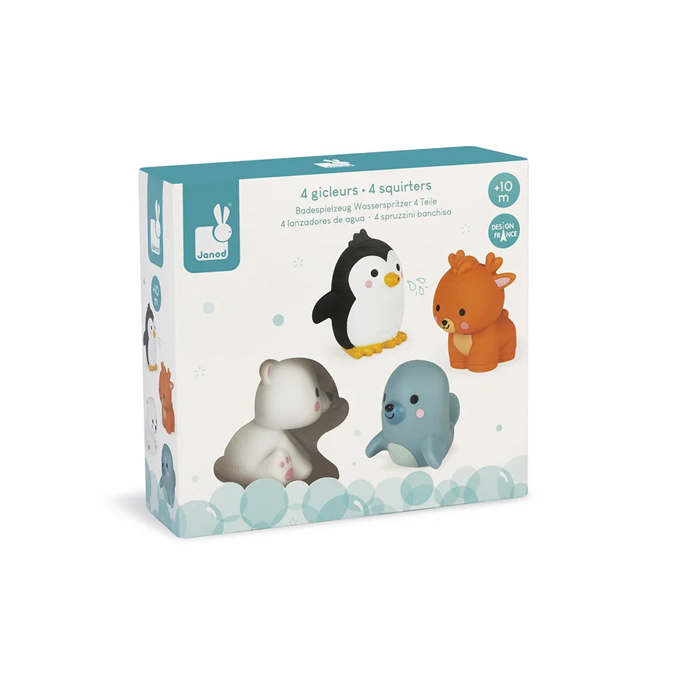 Badspeelgoed spuitfiguur met pooldieren van het merk Janod. Speciaal ontworpen voor peuters en baby’s.