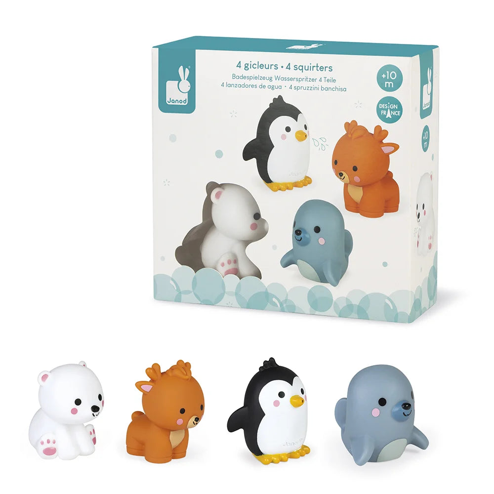 Badspeelgoed spuitfiguur met pooldieren van het merk Janod. Speciaal ontworpen voor peuters en baby’s.