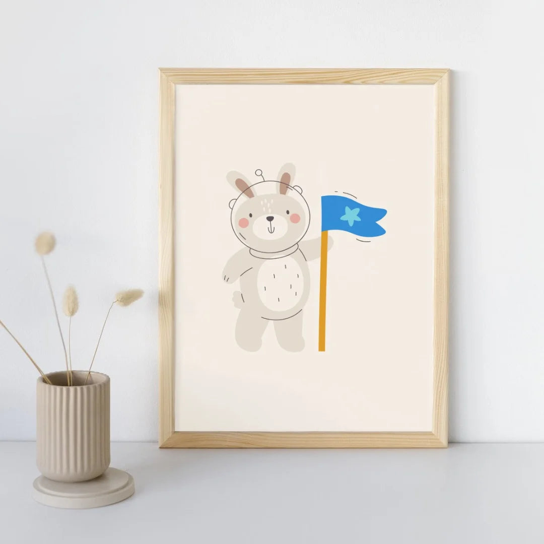 Poster met een astronaut konijn voor kinderkamer of babykamer