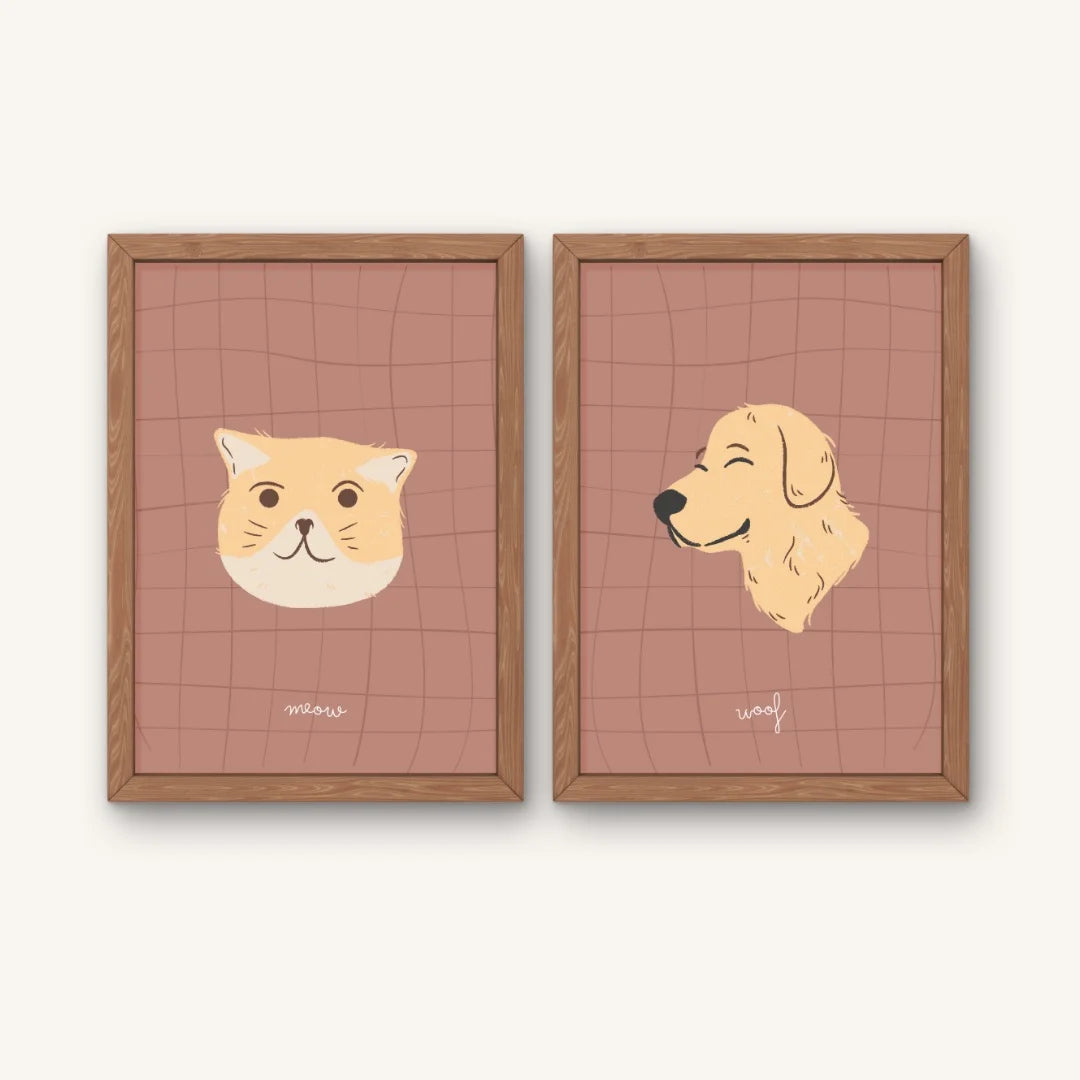 Tweeluik poster kat en hond. Retro stijl, ontworpen voor kinderkamers.