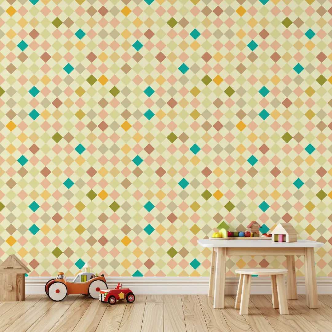 Behang met retro ruitjes kinderkamer