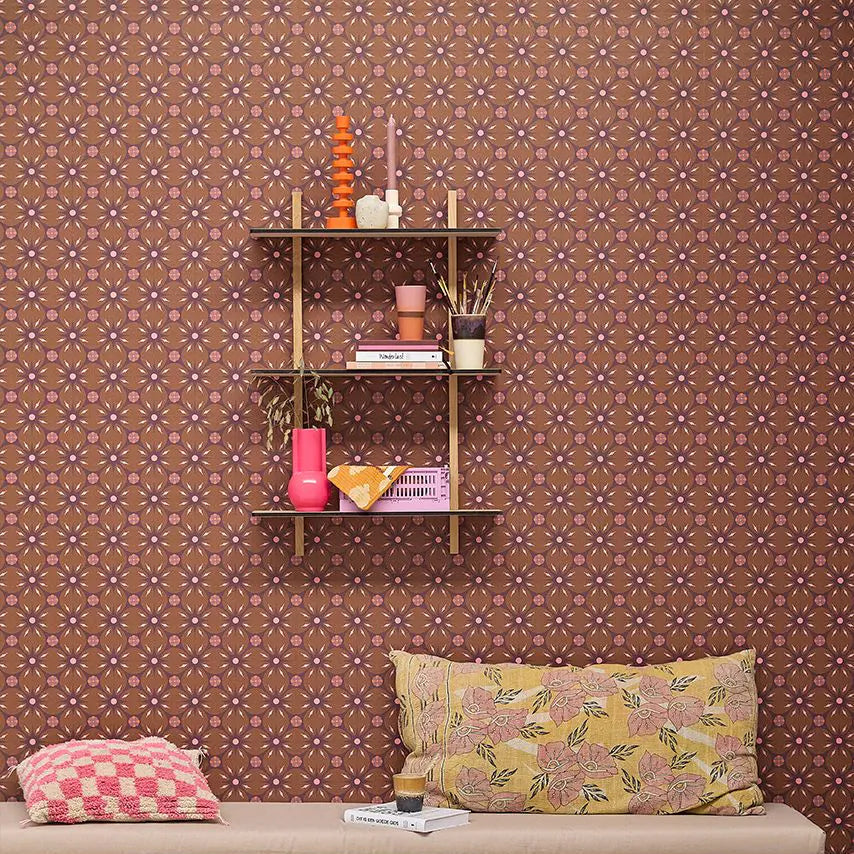 Bibelotte kinderkamer behang met retro blaadjes print paars