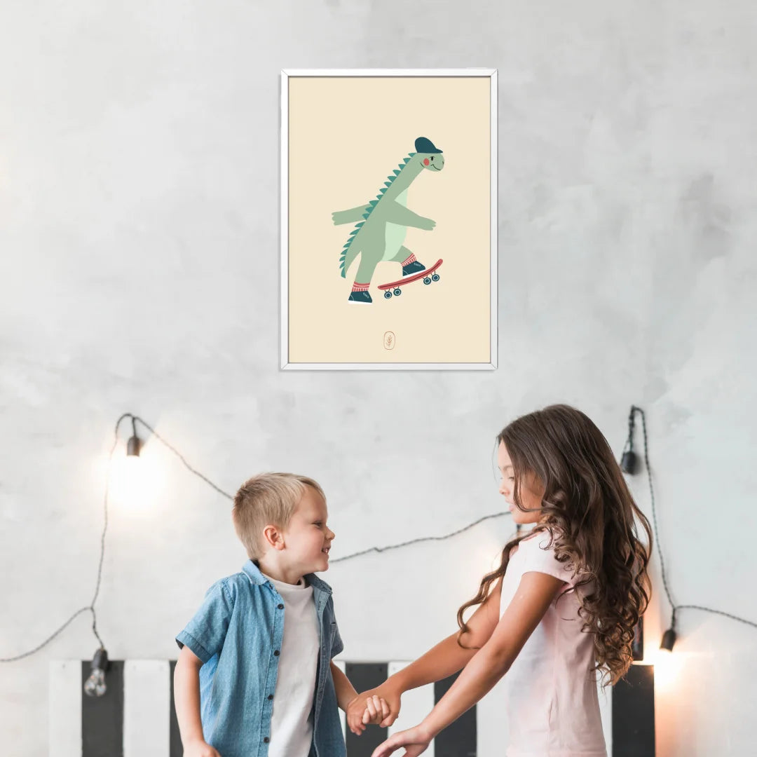 Dino op skateboard poster voor kinderkamers
