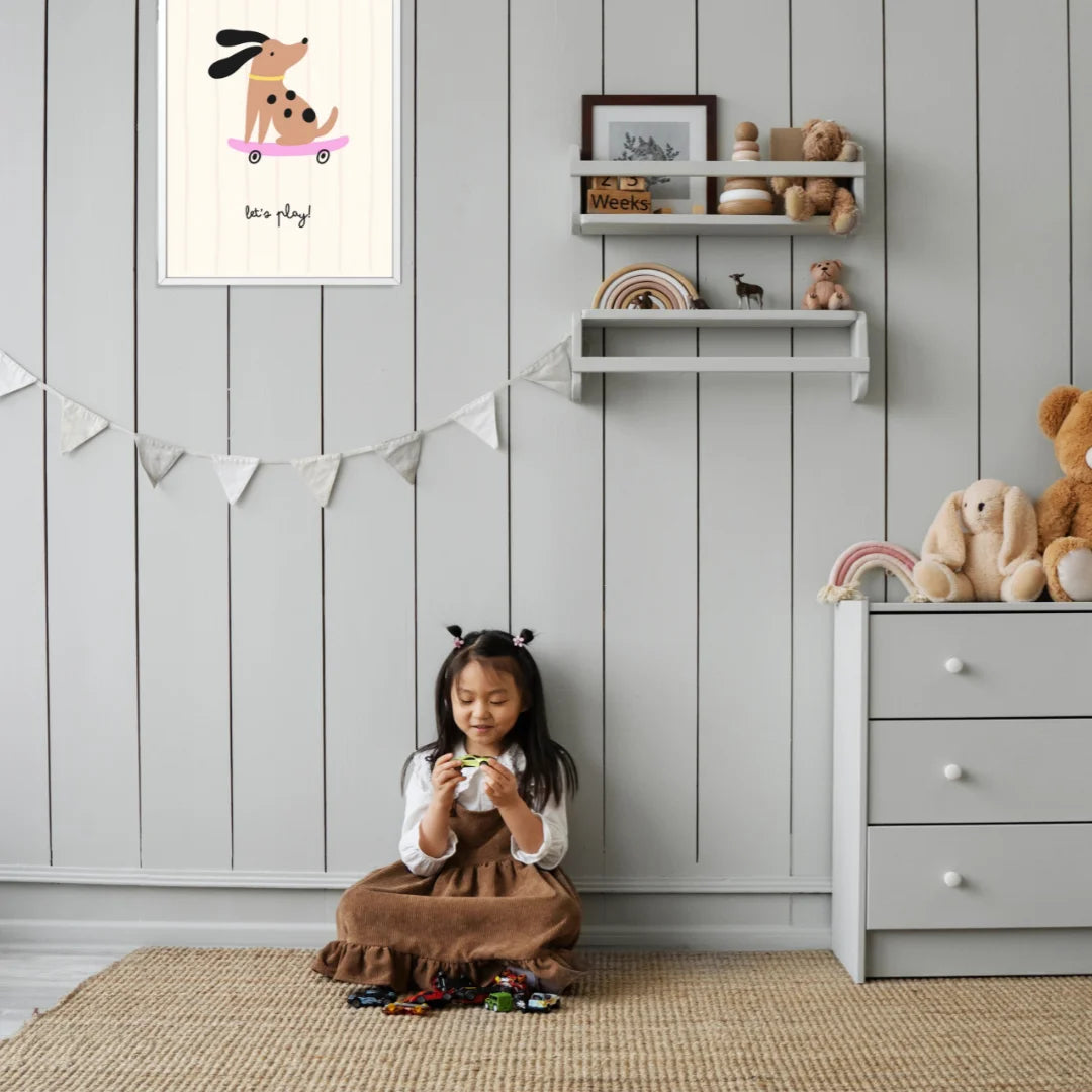 Kinderkamer hondenposter. Grappige hond op skateboard.