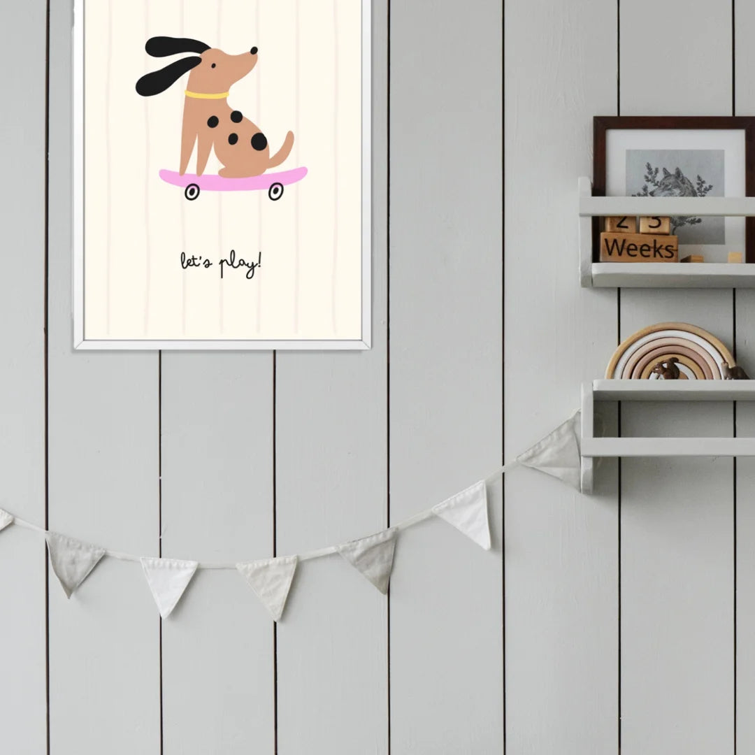 Hond op skateboard poster. Grappige poster voor kinderkamers.