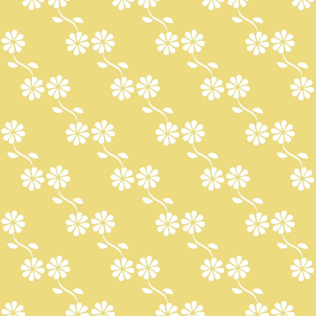 Geel bloemenbehang voor kinderkamers en babykamers.