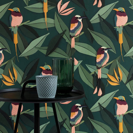 Bladeren behang met vogels voor babykamers of kinderkamers