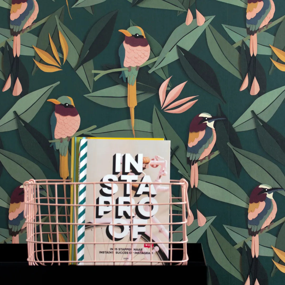 Bladeren behang met vogels voor babykamers of kinderkamers