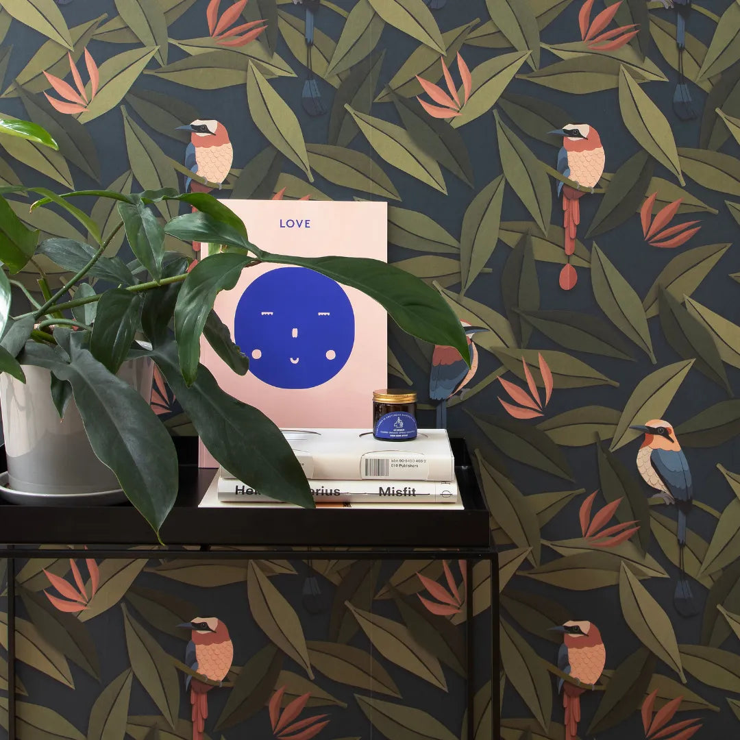 Bladeren behang met vogels voor babykamers of kinderkamers