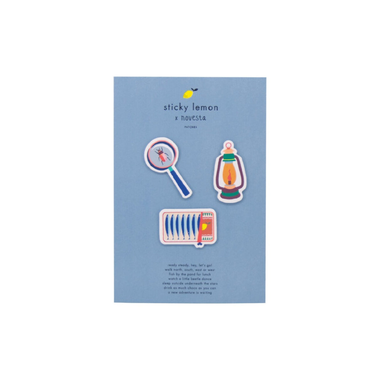 Sticky Lemon x Novesta kampeer/avontuur patches van een vergootglas, lantaarn en een doosje sardientjes voor kinderen