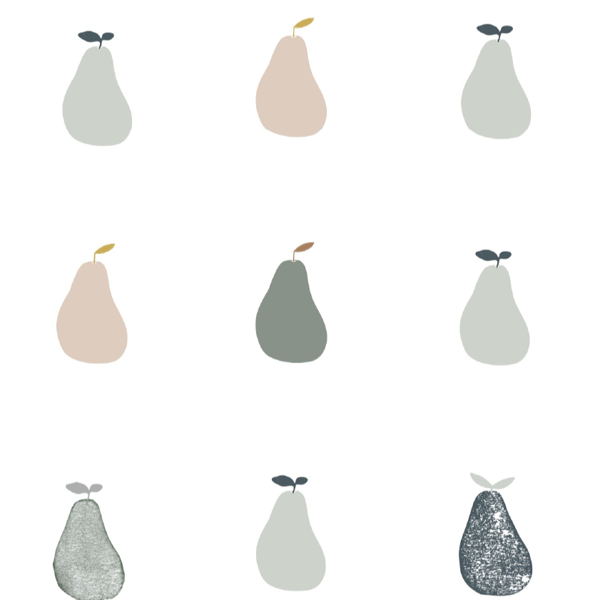 Behang van Bibelotte met groene peren. Hier en daar zelfs een zandkleurig peertje.  Alt-tekst bewerken