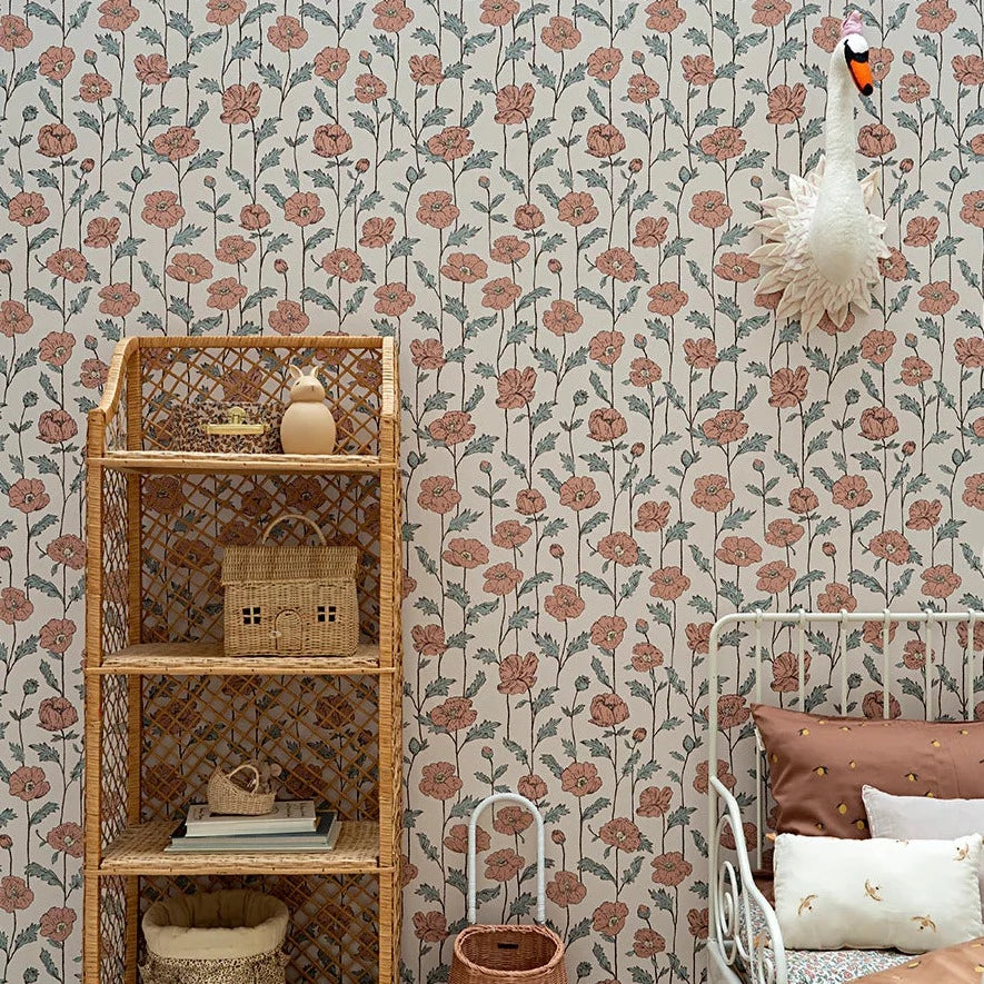 Poppy/klaproos zalmroze behang - Little Amour