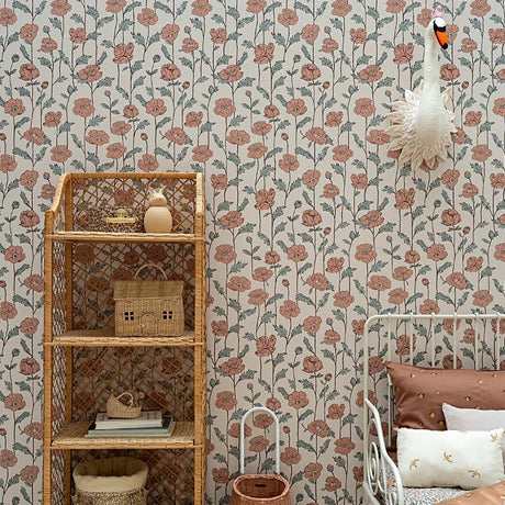 Poppy/klaproos zalmroze behang - Little Amour