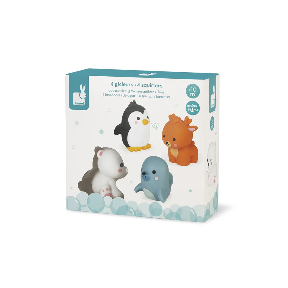 Badspeelgoed spuitfiguur met pooldieren van het merk Janod. Speciaal ontworpen voor peuters en baby’s.
