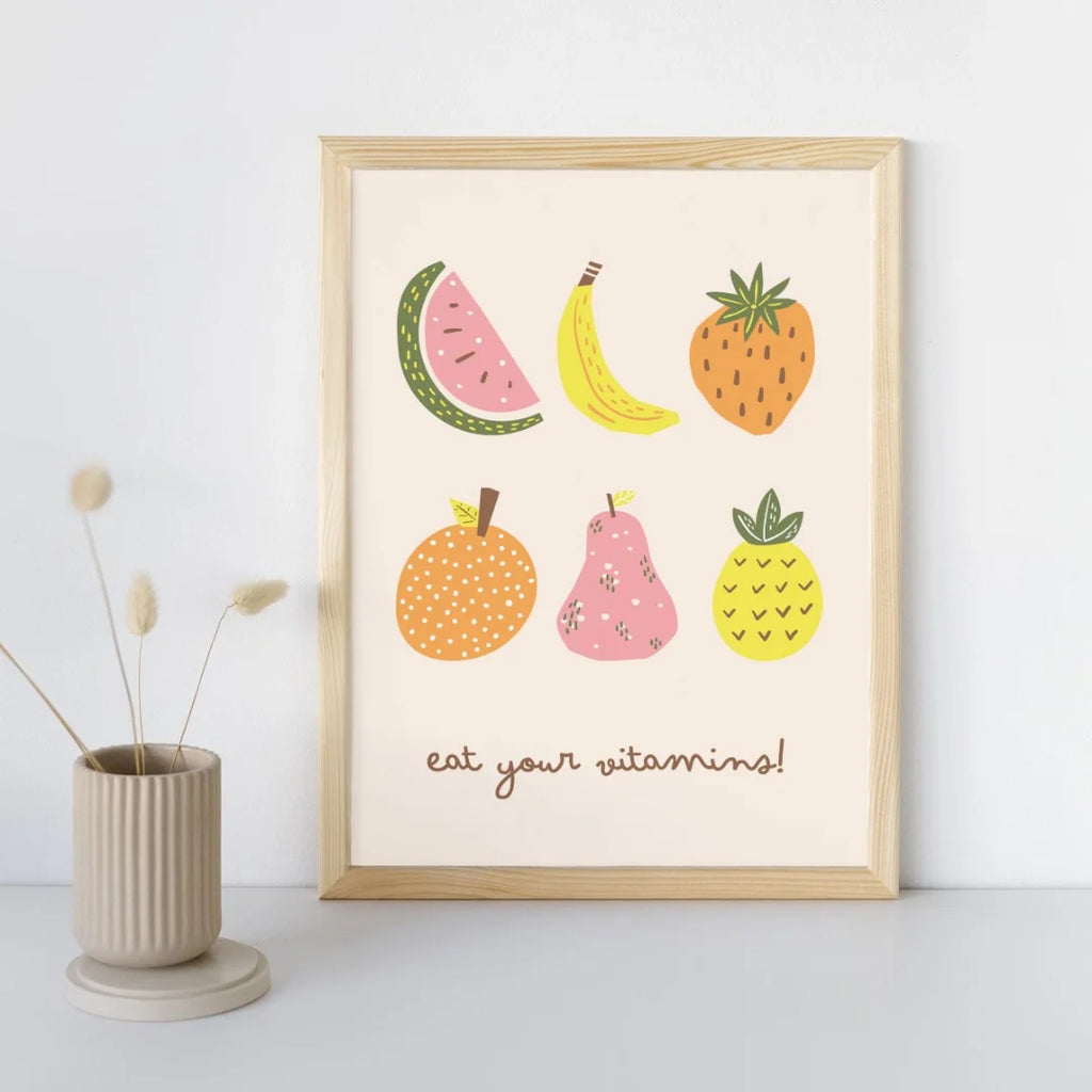 Retro kinderkamer of babykamer poster met verschillende fruit soorten.