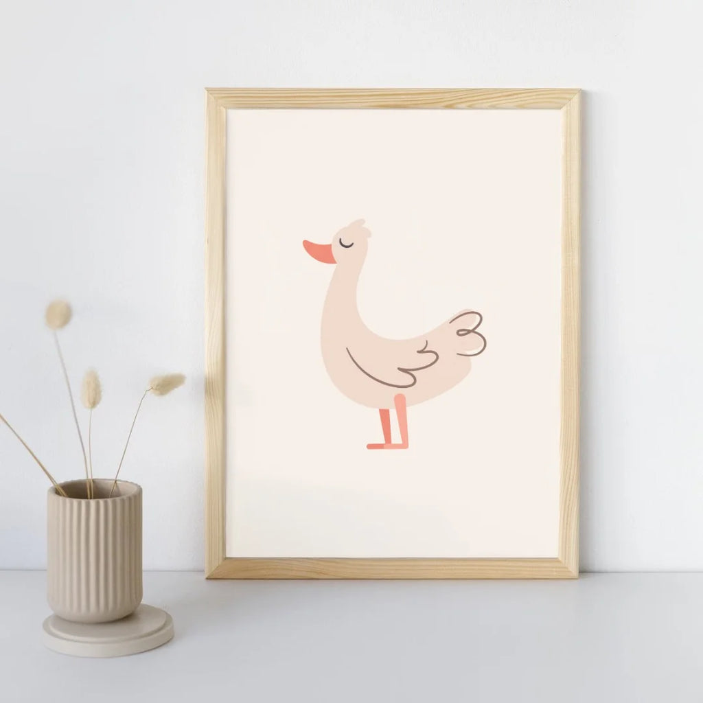 Gans en kip poster. Drieluik met geillustreerde boerderijdieren. Speciaal ontworpen voor babykamer of kinderkamer.