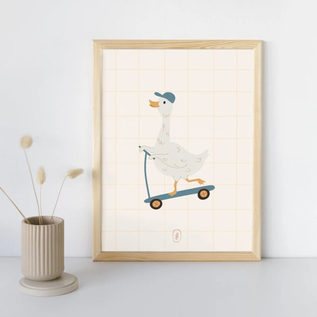 Grappige gans op de step. Retro stijl poster ontworpen voor babykamers en kinderkamers