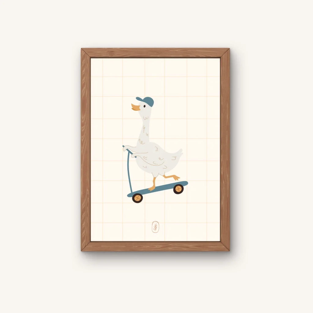 Grappige gans op de step. Retro stijl poster ontworpen voor babykamers en kinderkamers