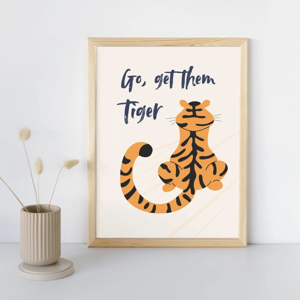 Jungle poster met tijger, ontworpen voor kinderkamers of babykamers.