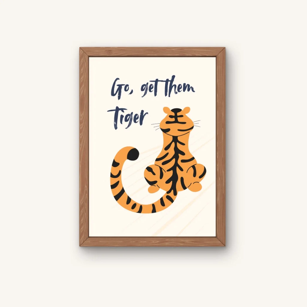 Jungle poster met tijger, ontworpen voor kinderkamers of babykamers.