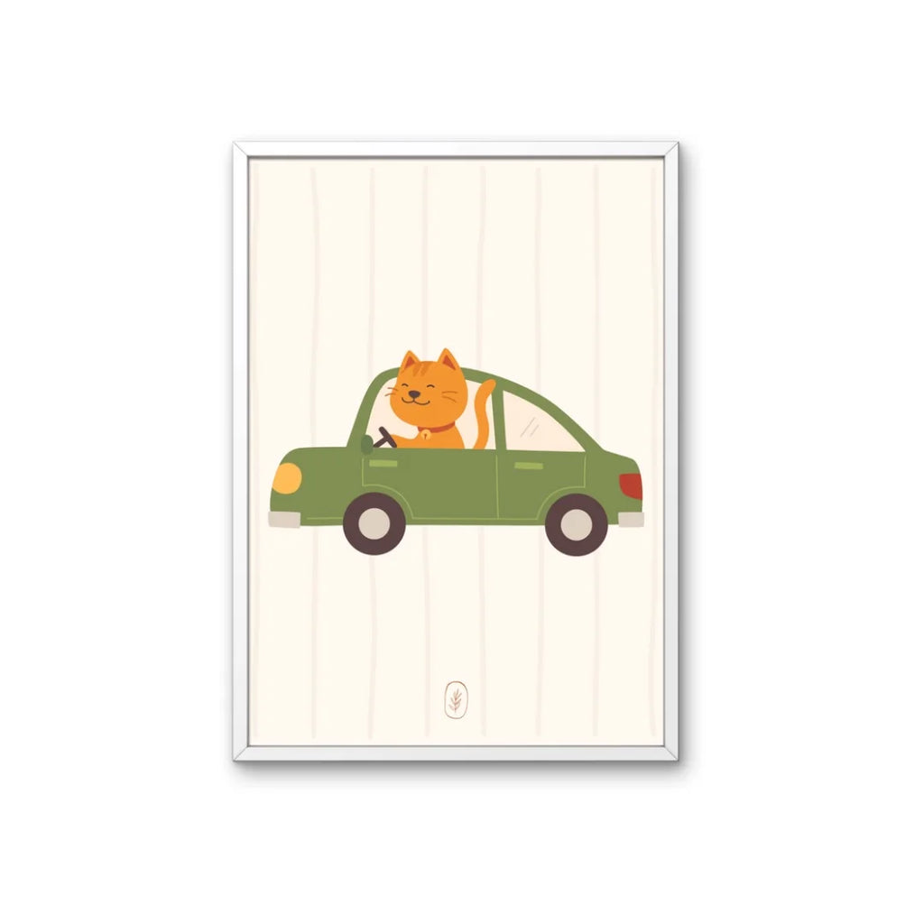 Grappige poster met illustratie van kat in auto. Ontworpen voor babykamer of kinderkamer.