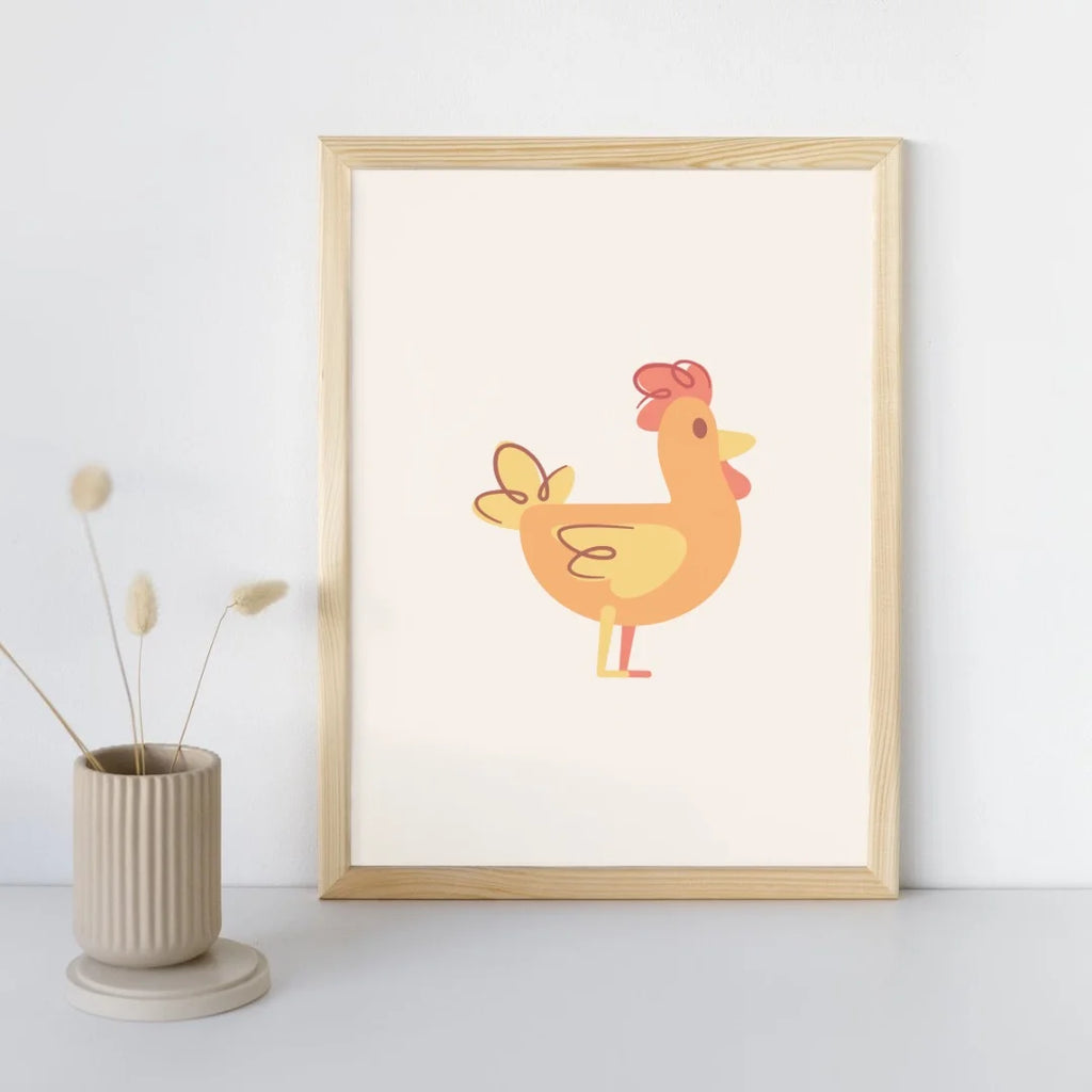 Gans en kip poster. Drieluik met geillustreerde boerderijdieren. Speciaal ontworpen voor babykamer of kinderkamer.