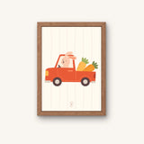 Grappige poster met illustratie van konijn in auto. Ontworpen voor babykamer of kinderkamer.