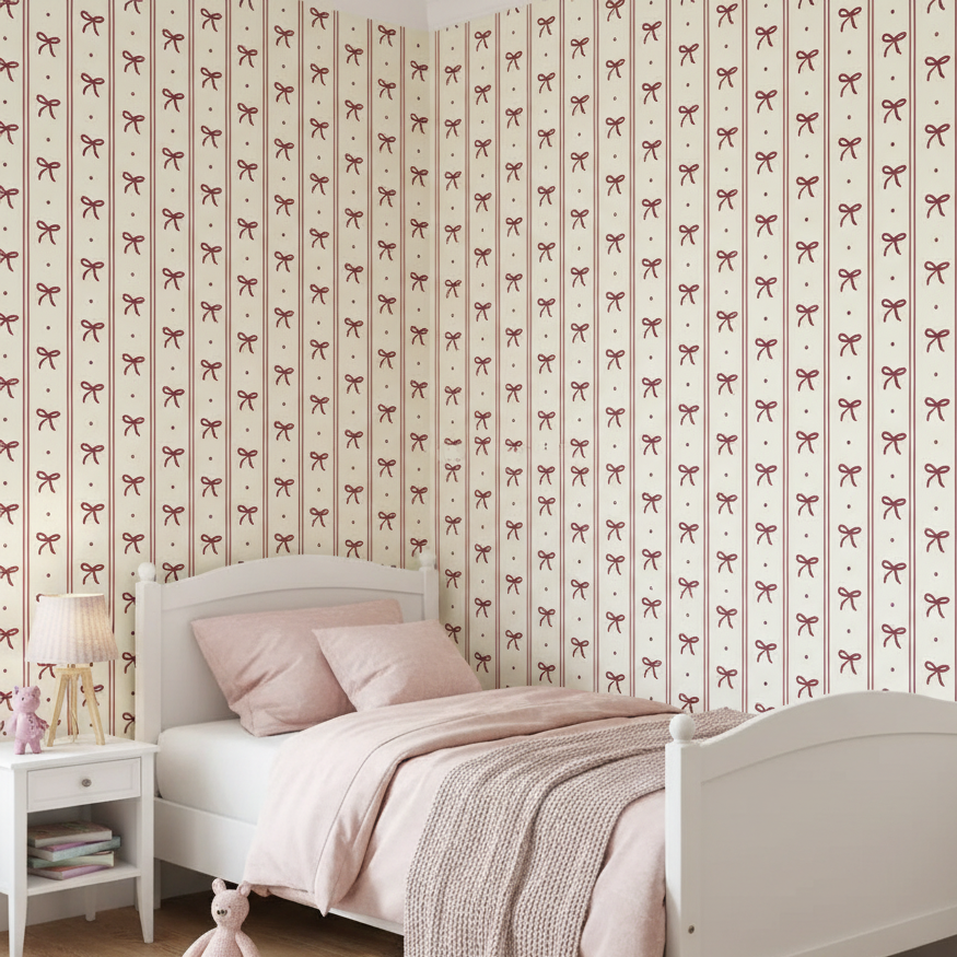 kinderkamer behang met strikjes en strepen. speciaal ontworpen voor meisjes