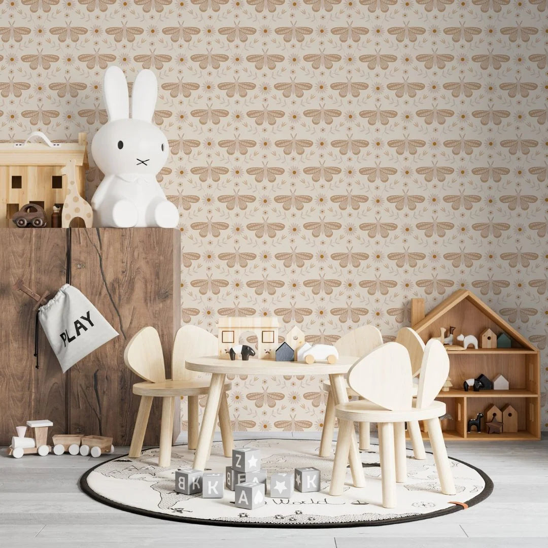 botanical moth behang met bloemen meisjeskamer