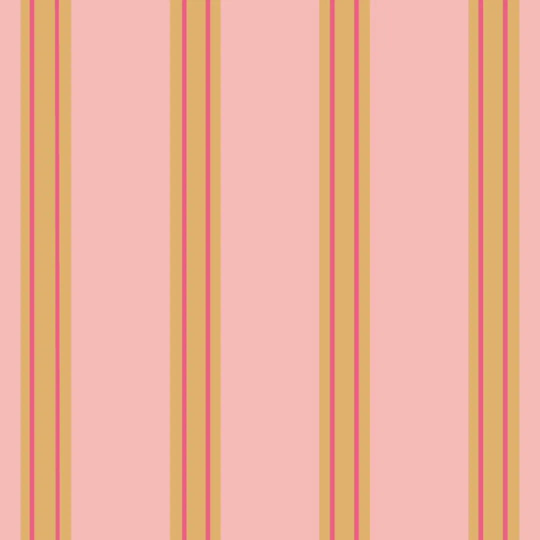 Bibelotte behang Juna candy, roze gestreept behang met koraalrode en okergele strepen voor de kinderkamer