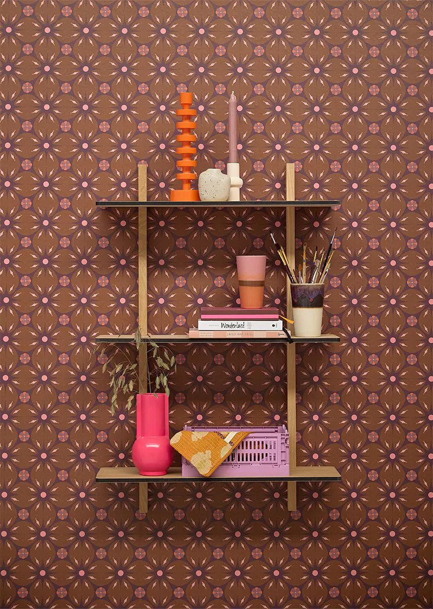 Bibelotte kinderkamer behang met retro blaadjes print paars
