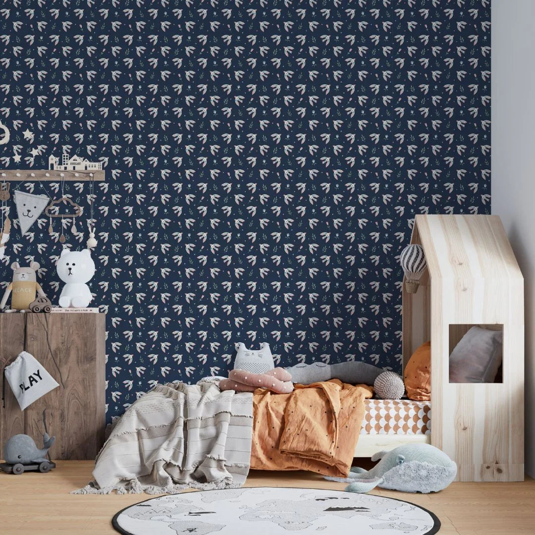 vogelbehang botanical kinderkamer blauw
