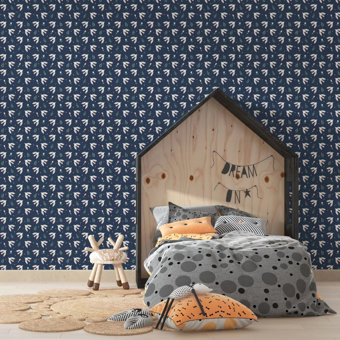 vogelbehang botanical kinderkamer blauw