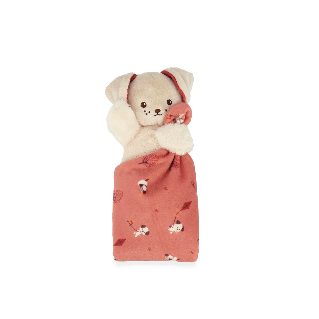 Geboorteknuffel kraamcadeau. Knuffeltje van schattig hondje met knuffeldoekje in de vorm van een hond.