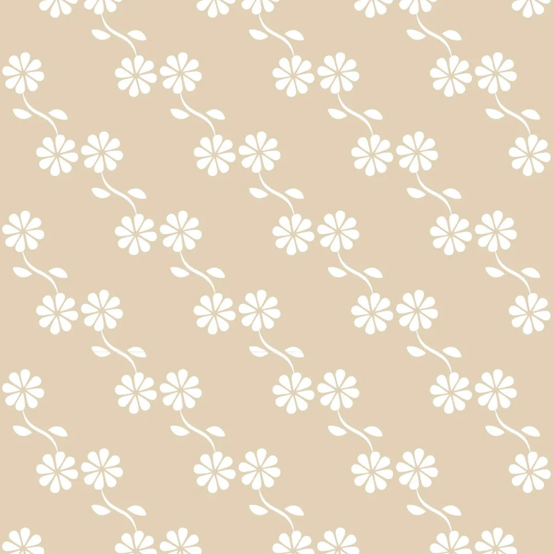 Neutraal beige bloemenbehang voor kinderkamers en babykamers.