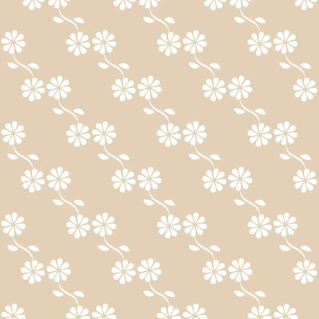 Neutraal beige bloemenbehang voor kinderkamers en babykamers.