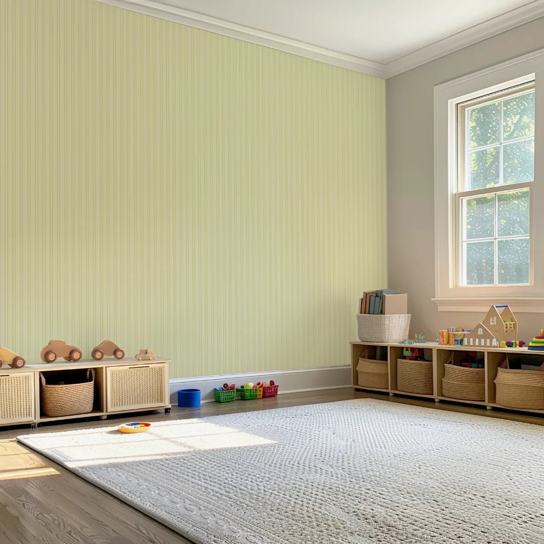 Neutraal strepenbehang voor kinderkamer of babykamer in appeltjes groen.