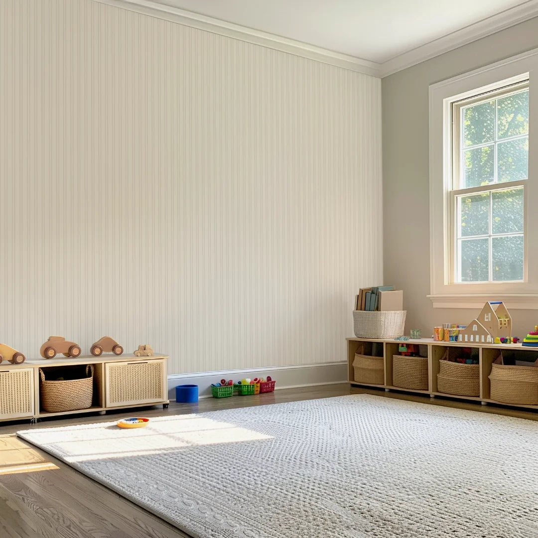 Neutraal beige strepenbehang voor kinderkamer of babykamer