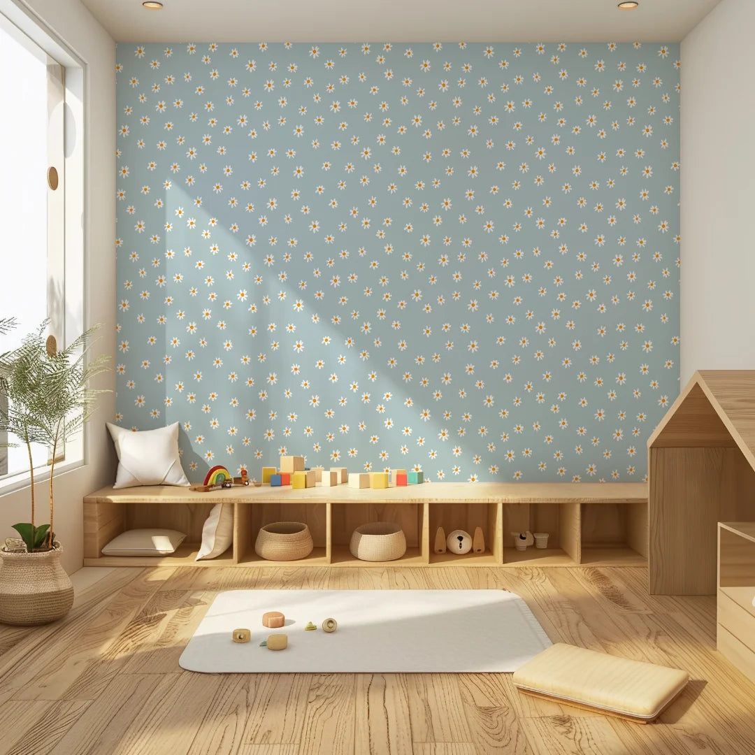 speels madeliefjes bloemen kinderkamerbehang speciaal ontworpen voor kinderkamers en babykamers