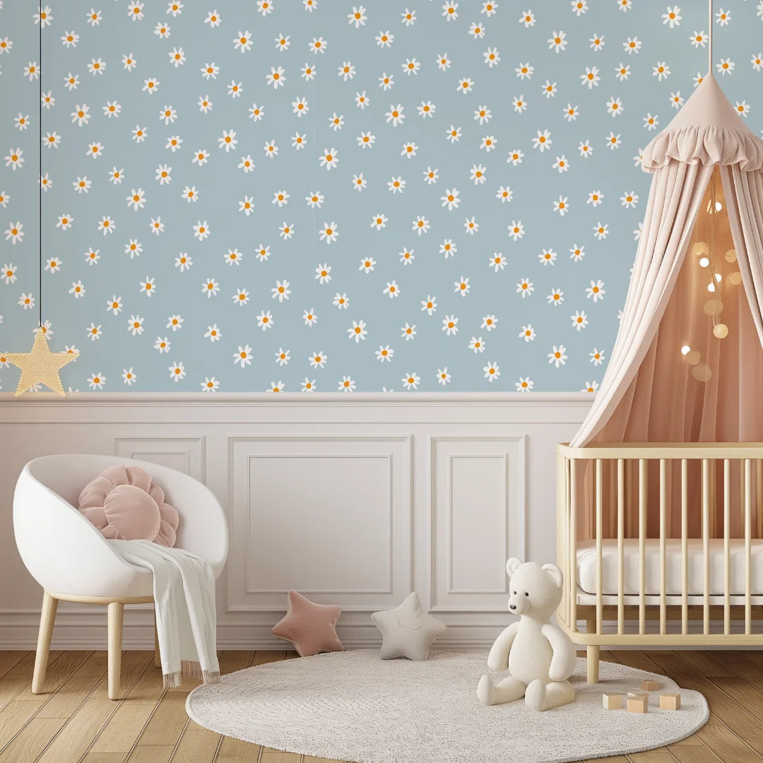 speels madeliefjes bloemen kinderkamerbehang speciaal ontworpen voor kinderkamers en babykamers