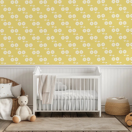 Geel bloemenbehang voor kinderkamers en babykamers.