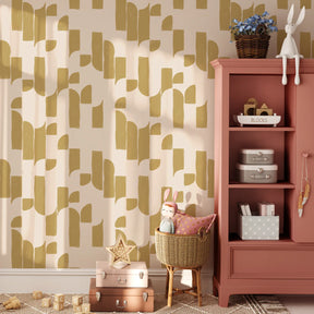 retro abstract mosterdgeel - Babykamer - kinderkamer behang van Annet Weelink