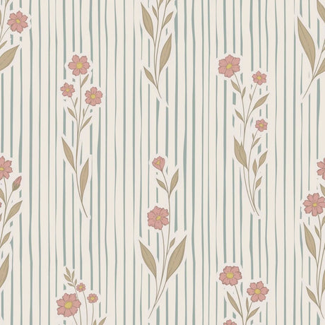 vintage meisjeskamer of babykamer behang met roze bloemen en strepen van het merk Little Amour