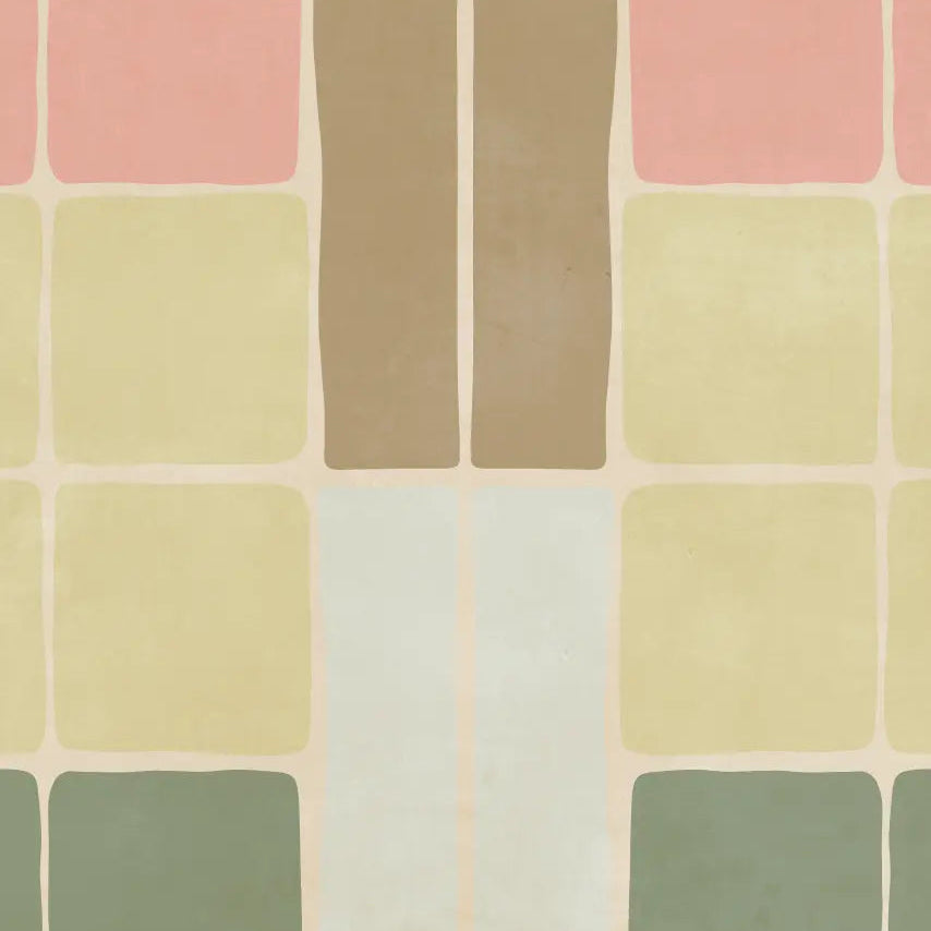 retro blokkenbehang van het merk bibelotte. Dit behang is ontworpen voor de meisjeskamer