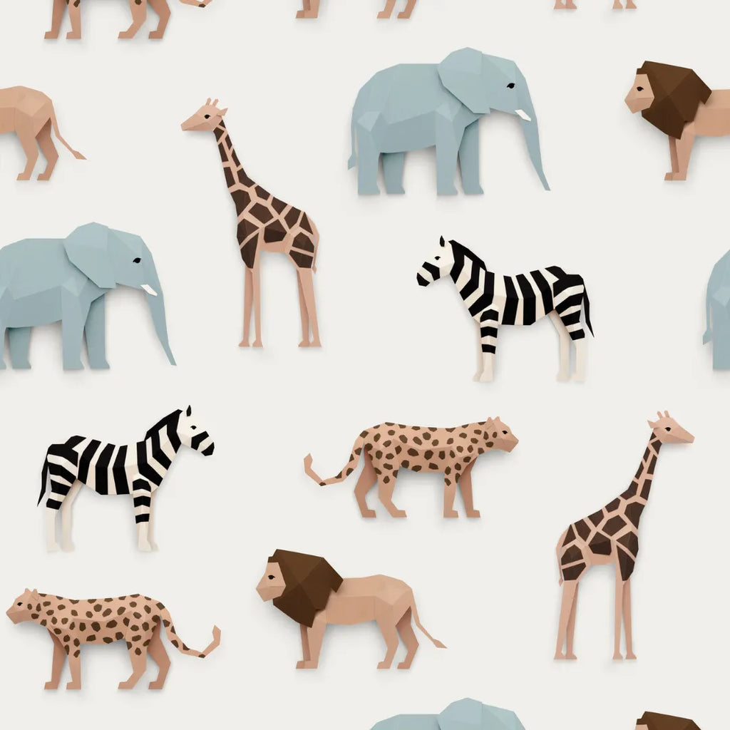 Safari dieren behang met olifanten, leeuwen, giraffen en zebra's voor kinderkamers.