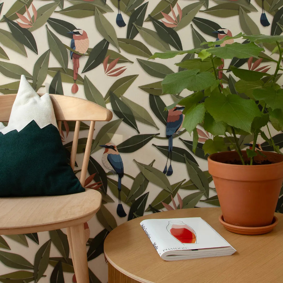 Bladeren behang met vogels voor babykamers of kinderkamers