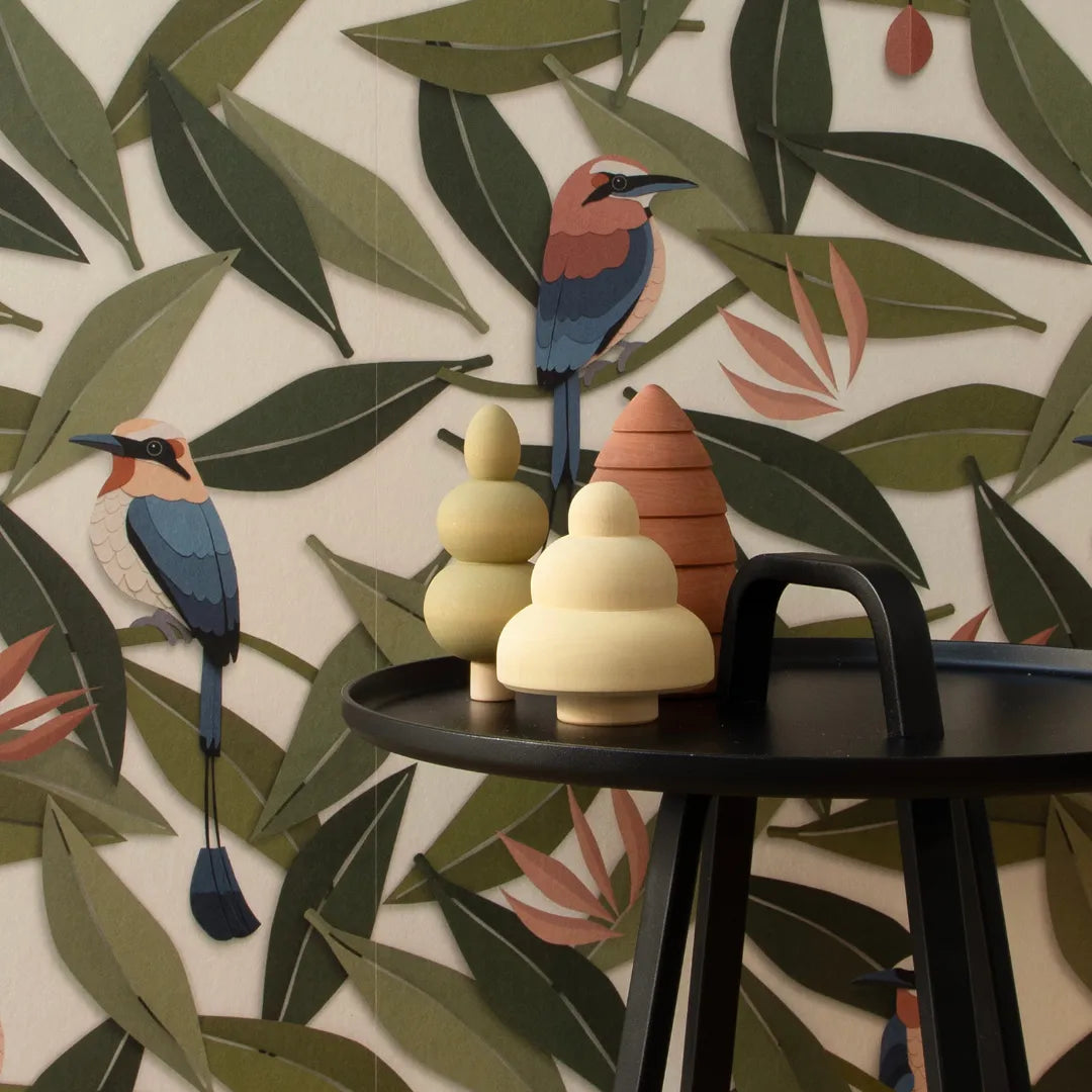 Bladeren behang met vogels voor babykamers of kinderkamers