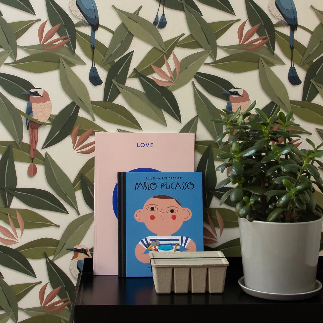 Bladeren behang met vogels voor babykamers of kinderkamers